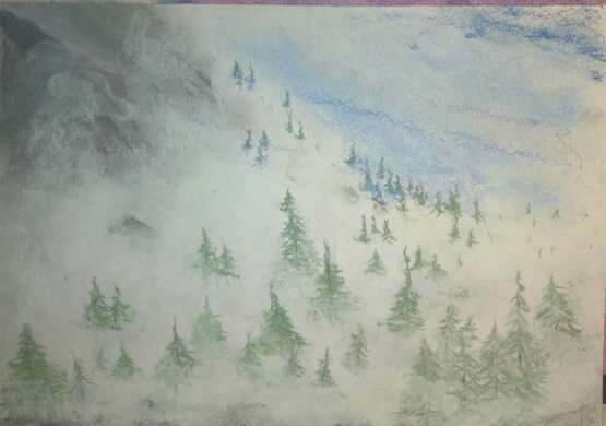 Туман в горах Акварельная бумага Пастель Современное искусство Пейзажная живопись Россия 2022 г. - фото 1