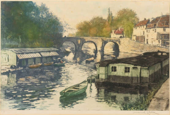 ROBBE, Manuel (1872 Paris - 1936 Nesles-la-Vallée). Landschaft mit Fluss und Booten. - photo 1