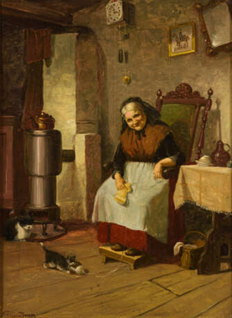 JENSEN, Olaf Simony (1864 - 1923). Strickendes Mütterchen mit Katze. - Foto 1