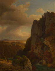 KÖNIGSBRUNN, Hermann von (1823 Radkersburg/Steiermark - Graz 1907). Gebirgsfluss an steiler Klippe.