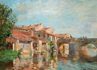 PETITJEAN, Edmond Marie (1844 Neufchâteau - 1925 Paris). Stimmungsvolle Dorfansicht am Fluss.