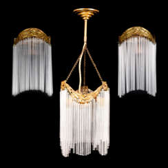Jugendstil-Deckenlampe und 2 Wandlampen mit Glasröhrchenbehang