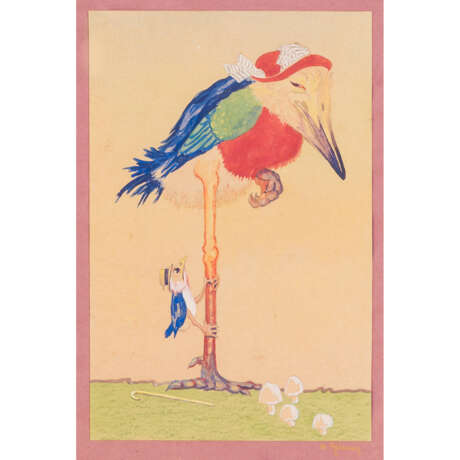 GRIMM, H., wohl Henriette (1894-1965), Illustration "Zwei Vögel mit Hut", - Foto 1