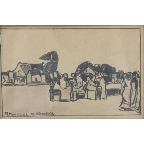 HOELZEL, ADOLF (1853-1934), "Personengruppen in Unterhaltung vor dem Ort", - Foto 1