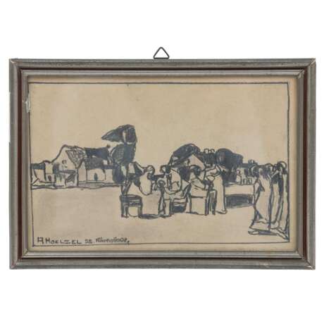 HOELZEL, ADOLF (1853-1934), "Personengruppen in Unterhaltung vor dem Ort", - Foto 2