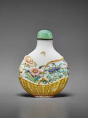 A RARE CARVED AND ENAMELED GLASS SNUFF BOTTLE