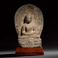 AN IMPORTANT AND VERY RARE STONE BUDDHIST STELE