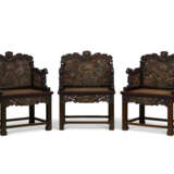 A SET OF THREE POLYCHROME, GILT-DECORATED AND CARVED HONGMU ARMCHAIRS - photo 1