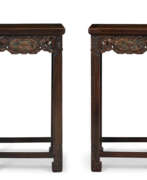 Hongmu. A PAIR OF POLYCHROME, GILT-DECORATED AND CARVED HONGMU INCENSE STANDS