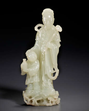 A FINELY CARVED WHITE JADE FIGURE OF A FEMALE IMMORTAL AND ATTENDANT - photo 1