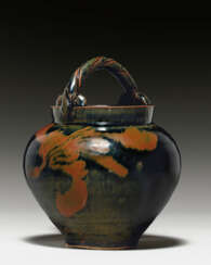 A VERY RARE RUSSET-PAINTED BLACKISH-BROWN-GLAZED JAR WITH ROPE-TWIST HANDLE