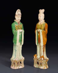 A PAIR OF LARGE SANCAI-GLAZED POTTERY FIGURES OF OFFICIALS