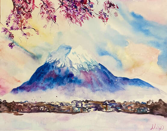Гора Фудзияма Акварель на бумаге Watercolor Magic realism Mountain landscape Kazakhstan 2022 - photo 1