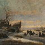 Winterlandschaft mit gefrorenem Kanal und Schlittschuhläufern. Niederländischer Landschaftsmaler , tätig 2. Hälfte 19. Jahrhundert - photo 1