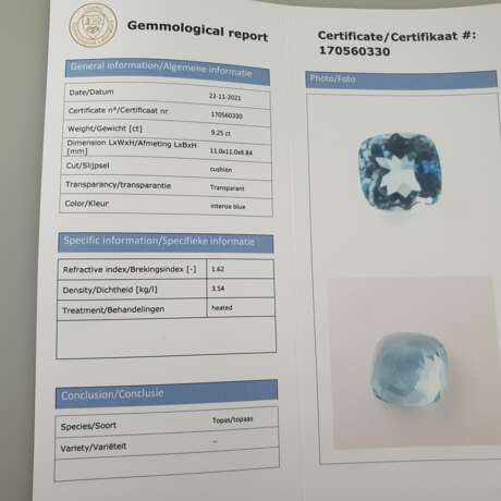 Loser Topas -9,25 ct., blau, im Kissenschliff, Maße: 11 x 11 x 8,8 mm, transparent, behandelt, in Acrylglasbox versiegelt, Zertifikat LGEML Gemological Laboratory /Joure/Niederlande) Nr. 170560330 - photo 9