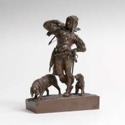 Bronze-Skulptur 'Jäger mit zwei Hunden'. Barillot Eugène