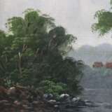 Cot, G. -19.Jh.- Idyllische Flusslandschaft, Öl auf Leinwand, Craquelé, Signatur unten links wohl später hinzugefügt, ca.25,2 x 35 cm, massive Prunkrahmung - Foto 4