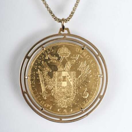 Vier-Dukaten-Goldmünze mit Bildnis des österreichischen Kaisers Franz Joseph I als Anhänger mit Kette - Foto 2