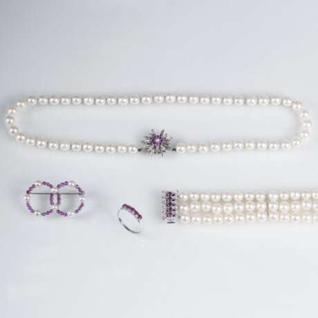 Perlen-Rubin-Schmuckset mit Kette, Armband, Ring und Brosche - photo 1