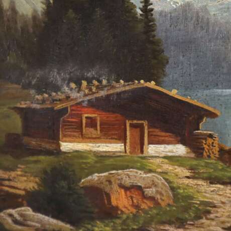 Norken, Thomas -spätes 19. Jh.- Alpiner Bergsee mit Wanderer und Hütte am Ufer, Öl auf Leinwand, unten links signiert „T. Norken“, ca.34 x 47 cm, doubliert, ungerahmt, Rahmenspuren mit Farbabrieb, teils angestaubt - photo 5
