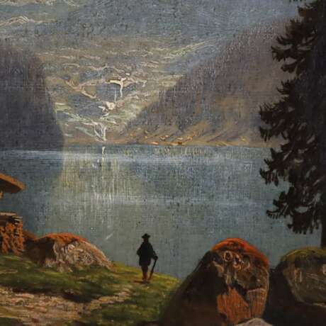Norken, Thomas -spätes 19. Jh.- Alpiner Bergsee mit Wanderer und Hütte am Ufer, Öl auf Leinwand, unten links signiert „T. Norken“, ca.34 x 47 cm, doubliert, ungerahmt, Rahmenspuren mit Farbabrieb, teils angestaubt - photo 6