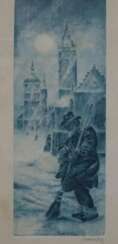 Swoboda -um 1900- Verschneite Stadtansicht mit Straßenfeger im Vordergrund, Radierung, im Passepartout unter Glas gerahmt, in der Platte und auf dem Passepartout in Blei signiert "Swoboda", ca. 21,5 x 8,3cm, Papier gebräunt