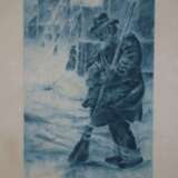 Swoboda -um 1900- Verschneite Stadtansicht mit Straßenfeger im Vordergrund, Radierung, im Passepartout unter Glas gerahmt, in der Platte und auf dem Passepartout in Blei signiert "Swoboda", ca. 21,5 x 8,3cm, Papier gebräunt - photo 3