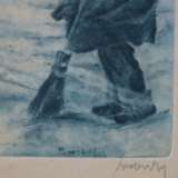 Swoboda -um 1900- Verschneite Stadtansicht mit Straßenfeger im Vordergrund, Radierung, im Passepartout unter Glas gerahmt, in der Platte und auf dem Passepartout in Blei signiert "Swoboda", ca. 21,5 x 8,3cm, Papier gebräunt - фото 6