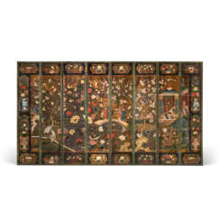A DUTCH EMBOSSED AND POLYCHROME-PAINTED LEATHER CHINOISERIE EIGHT-LEAF SCREEN