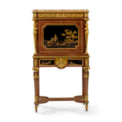 A FRENCH ORMOLU-MOUNTED AMARANTH, BURR-WALNUT, SYCAMORE, EBONY, JAPANESE LACQUER AND SIMULATED AVENTURINE SECRETAIRE A ABATTANT