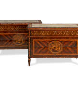 A PAIR OF NORTH ITALIAN EBONY AND TULIPWOOD BANDED, FRUITWOOD MARQUETRY AND MOTHER-OF-PEARL INLAID AMARANTH, KINGWOOD AND INDIAN ROSEWOOD COMMODES