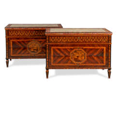 A PAIR OF NORTH ITALIAN EBONY AND TULIPWOOD BANDED, FRUITWOOD MARQUETRY AND MOTHER-OF-PEARL INLAID AMARANTH, KINGWOOD AND INDIAN ROSEWOOD COMMODES 