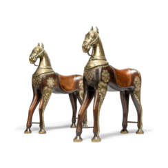 A PAIR OF BRASS-MOUNTED TEAK PROCESSIONAL HORSES