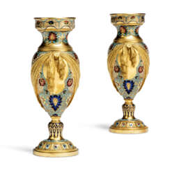 A PAIR OF FRENCH GILT-BRONZE AND CHAMPLEVE ENAMEL SPILL VASES