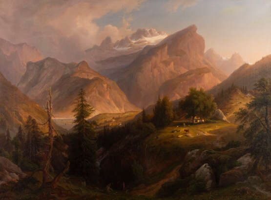 Romantische Gebirgslandschaft mit einem Jäger im Vordergrund und einer Hirtin mit Herden in der Ferne (1848) - фото 1