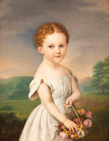 Porträt eines Mädchens in einer Landschaft mit einem Blumenkorb in den Händen - photo 1