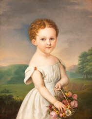 Porträt eines Mädchens in einer Landschaft mit einem Blumenkorb in den Händen