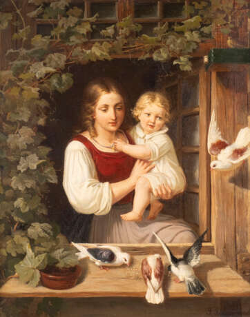 Mutter mit Kind am Fenster, Tauben fütternd - фото 1