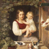 Mutter mit Kind am Fenster, Tauben fütternd - photo 1