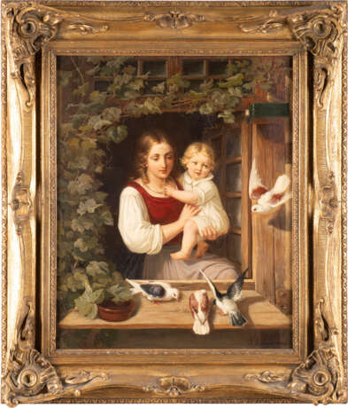 Mutter mit Kind am Fenster, Tauben fütternd - фото 2