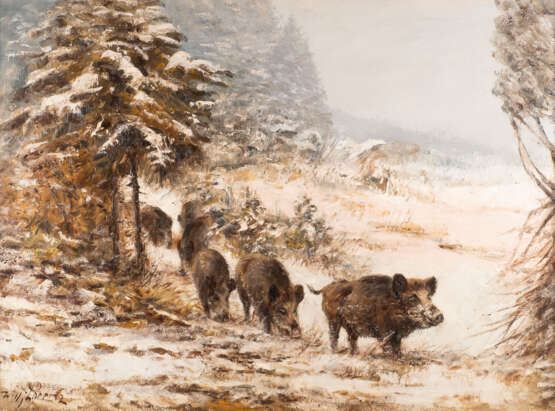 Wildschweinrotte am winterlichen Waldrand - photo 1