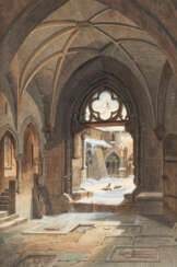 KAPELLENINTERIEUR MIT BLICK AUF EINEN VERSCHNEITEN KLOSTERHOF