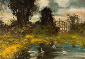 Blick auf einen alten Park mit einem Teich und Schwänen