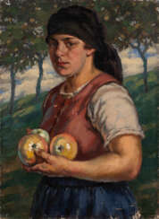 Bildnis einer Bäuerin mit Äpfeln in einem Obstgarten