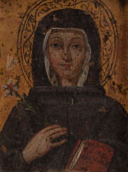 MUTTERGOTTES, EINE LILIE UND DIE HEILIGE SCHRIFT IN IHREN HÄNDEN HALTEND