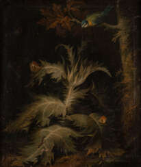 STILLLEBEN MIT DISTELN, FALTERN UND BLAUMEISE