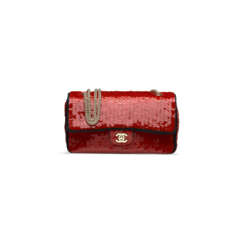 A RUNWAY RED SEQUIN & BLACK SATIN DOUBLE FLAP BAG WITH GOLD HARDWARE