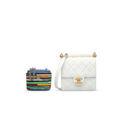 A SET OF TWO: A MULTICOLOR EMBROIDERED CROCHET & BLUE LAMBSKIN LEATHER MINI VANITY CASE WITH SILVER HARDWARE & A WHITE QUILTED LAMBSKIN LEATHER & PEARLS MINI SQUARE FLAP BAG WITH GOLD HARDWARE 