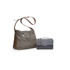 A SET OF TWO : A GREY QUILTED LAMBSKIN & BROWN CALFSKIN LEATHER TRAPEZOID SHOULDER BAG WITH SILVER HARDWARE & A BLUE QUILTED CALFSKIN LEATHER FLAP BAG WITH SILVER HARDWARE