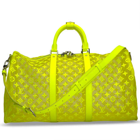 A LIMITED EDITION YELLOW EMBROIDERED MESH MONOGRAM KEEPALL BANDOULIÈRE 50 WITH SILVER HARDWARE BY VIRGIL ABLOH - фото 3